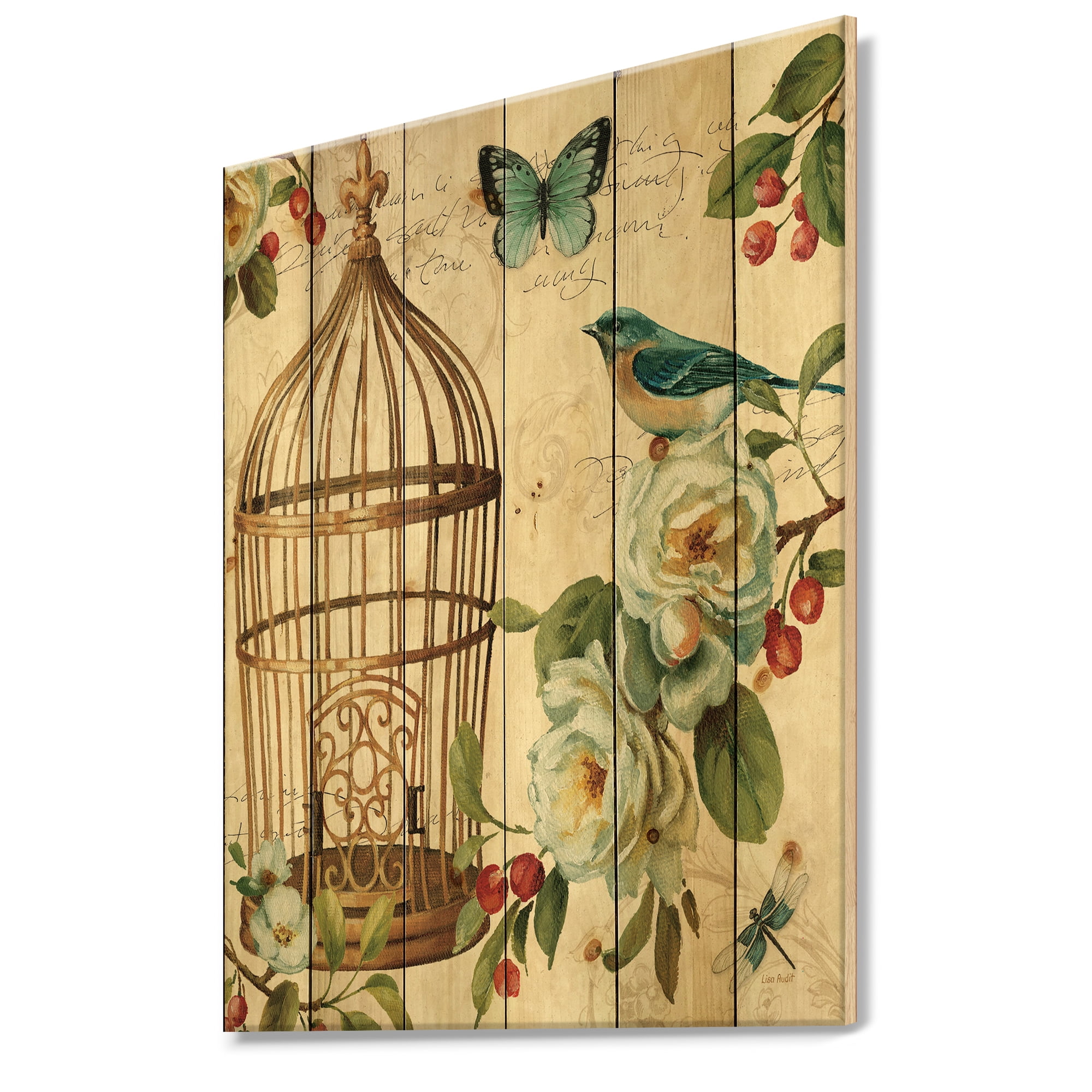 Designart 'Birdcage, Blue Cottage Bird and Apple Blossoms I' Floral and botanical Print on Natural Pine Wood