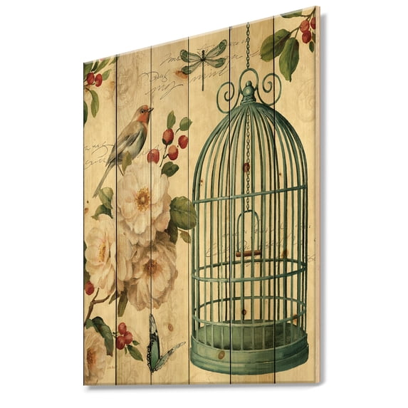 Designart 'Birdcage, Blue Cottage Bird and Apple Blossoms II' Floral and botanical Print on Natural Pine Wood