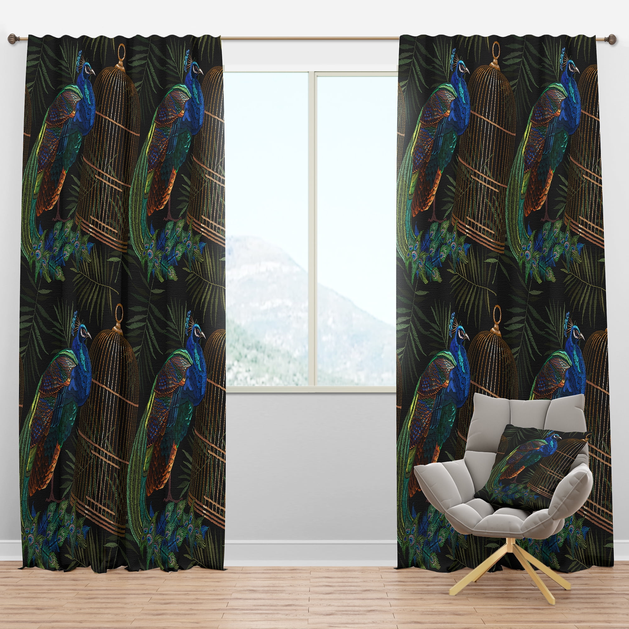 Designart 'Birds Cage and Tails Of Peacocks' Farmhouse Blackout Curtain Panel