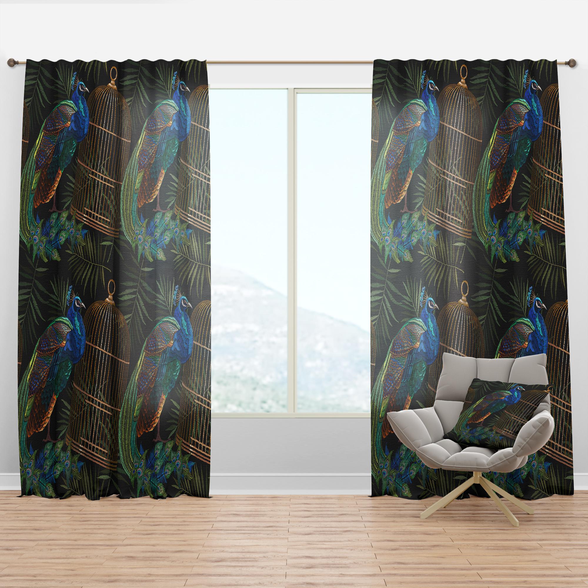 Designart 'Birds Cage and Tails Of Peacocks' Farmhouse Curtain Panel