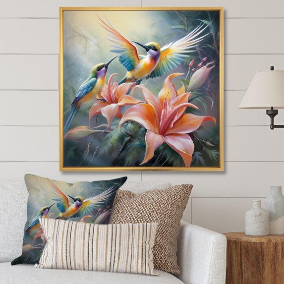 Designart "Birds Of Paradise love V" Floral Floater Framed Wall Art Print