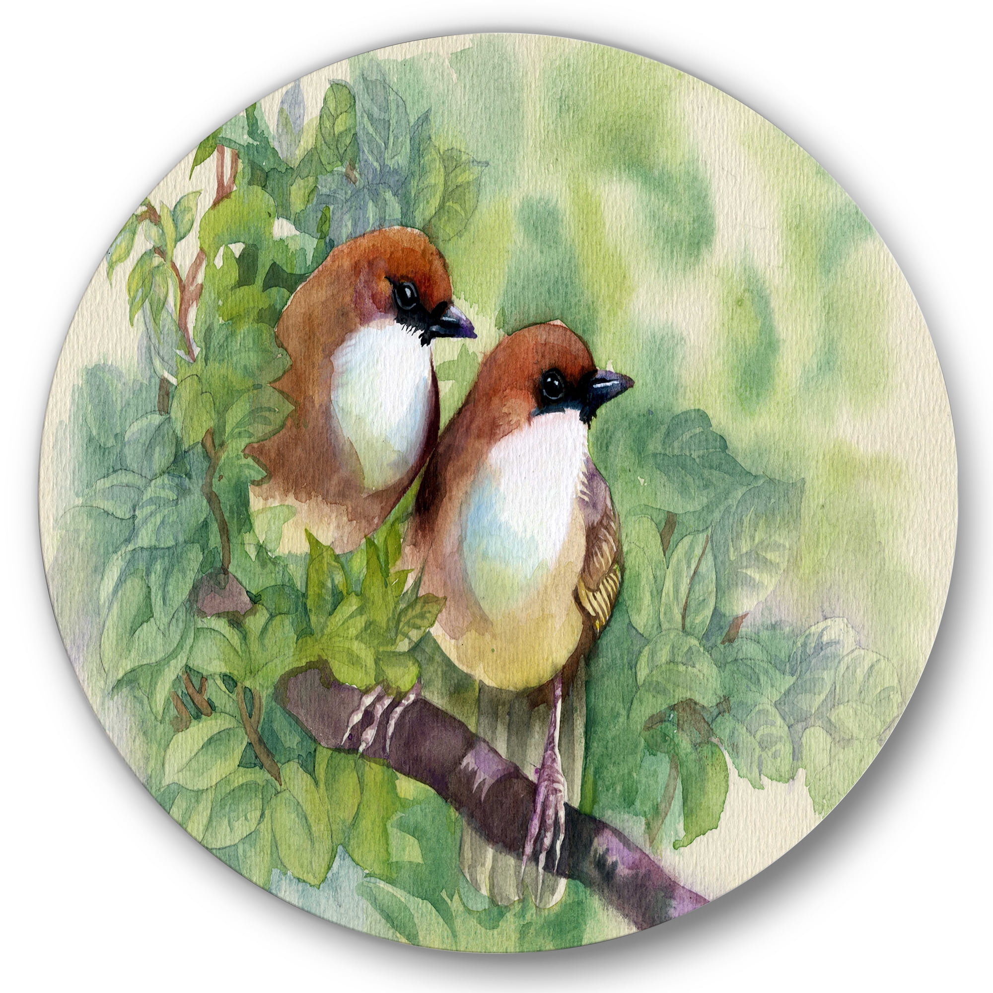 Designart 'Birds Of Spring Sitting On Branch' Traditional Circle Metal Wall Art 23x23 - Disc of 23
