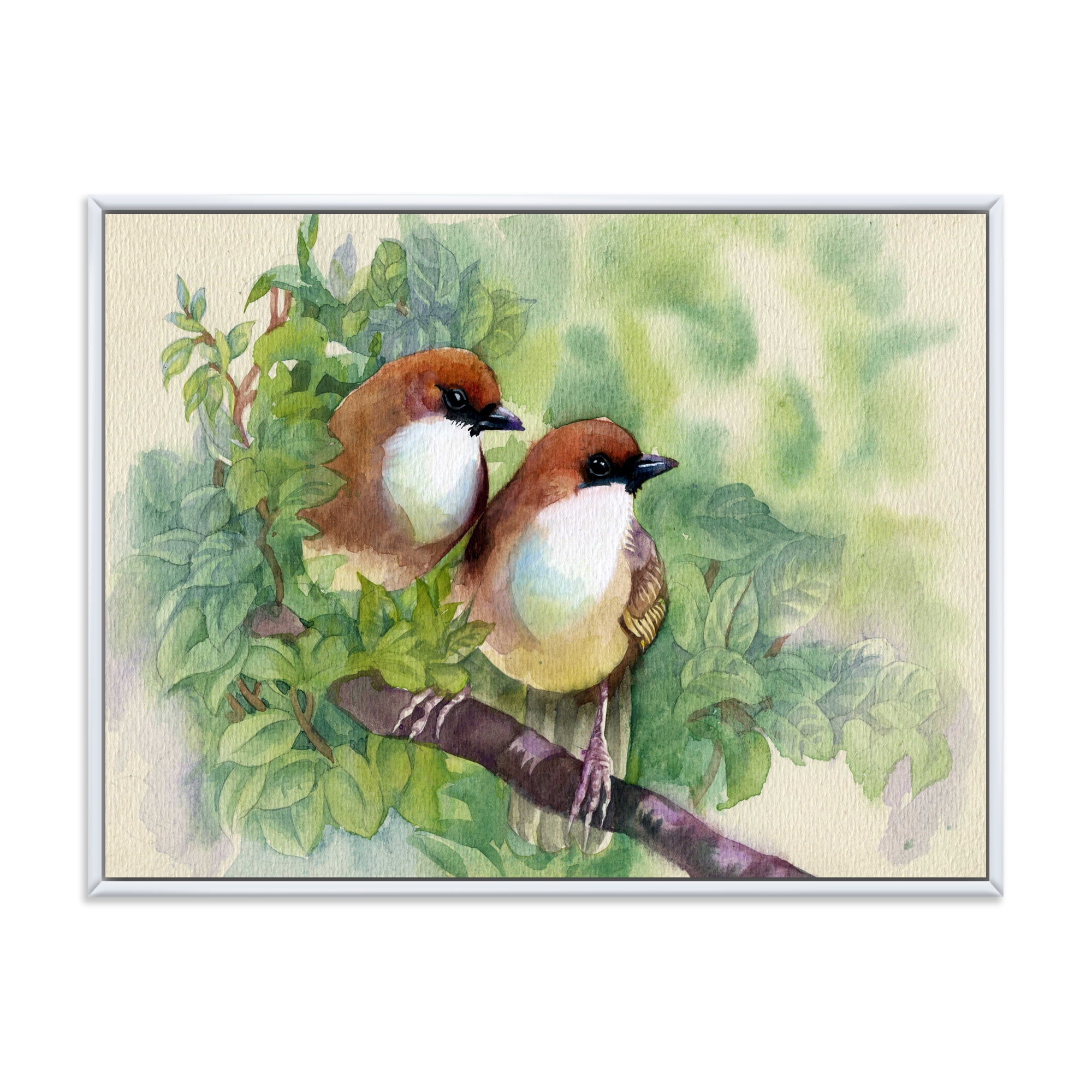 Designart 'Birds Of Spring Sitting On Branch' Traditional Framed Canvas Wall Art Print