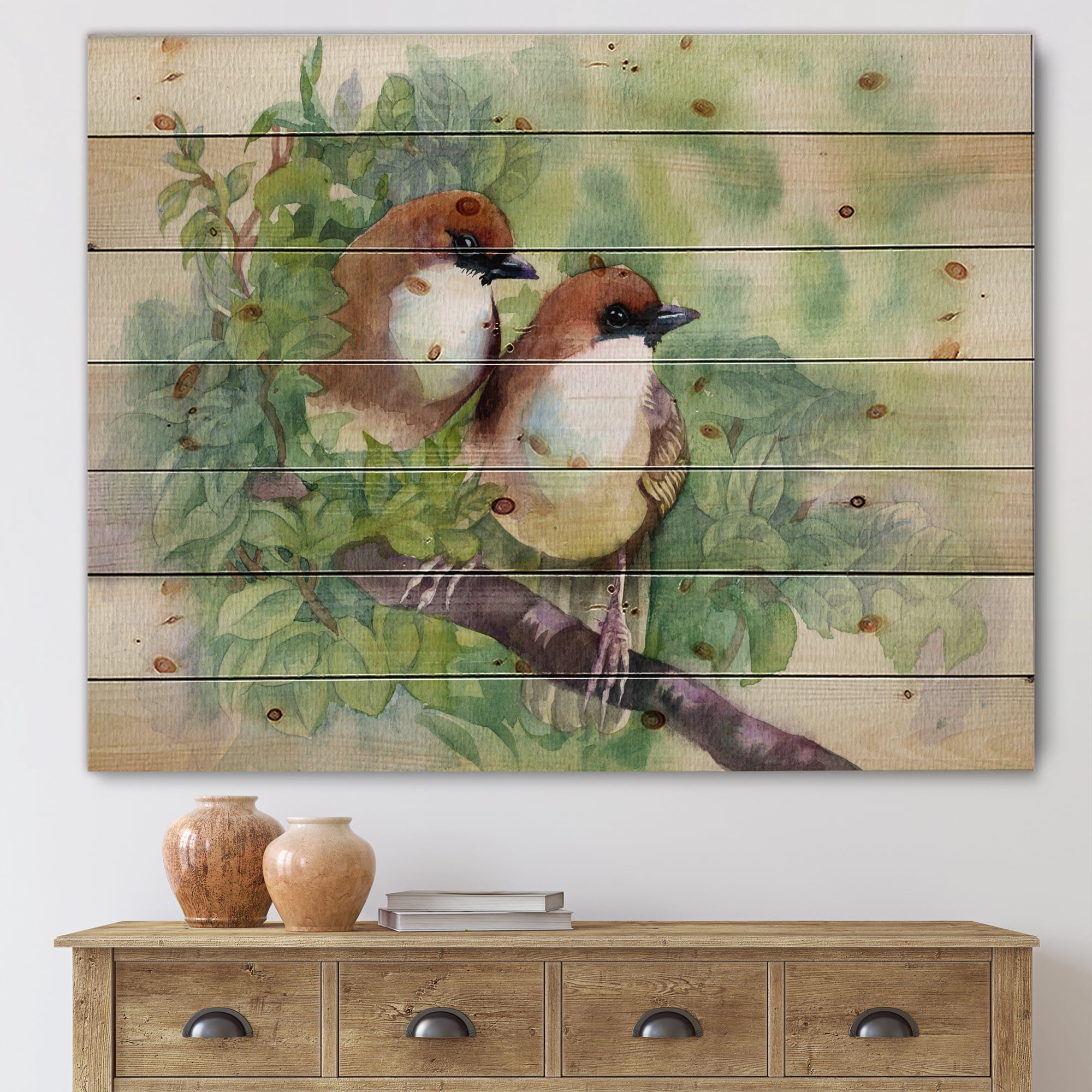 Designart 'Birds Of Spring Sitting On Branch' Traditional Print on Natural Pine Wood
