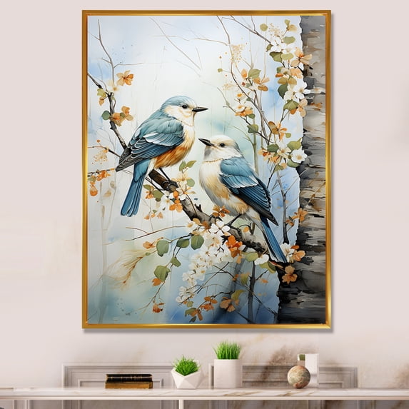 Designart "Birds On American Basswood Tree Bird" Landscape Trees Floater Framed Wall Decor