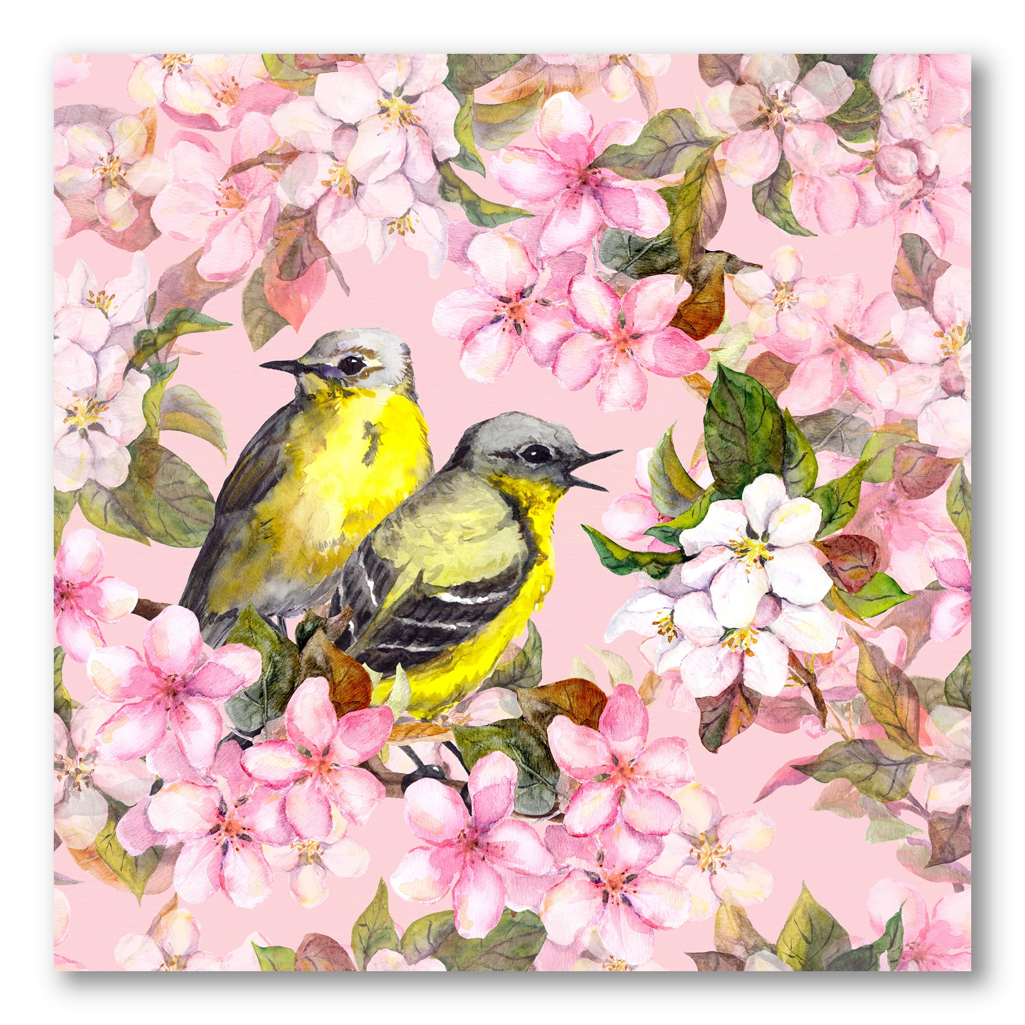Designart ' Birds On Pink Cherry Sakura and Apple Flowers I ' Traditional Canvas Wall Art Print