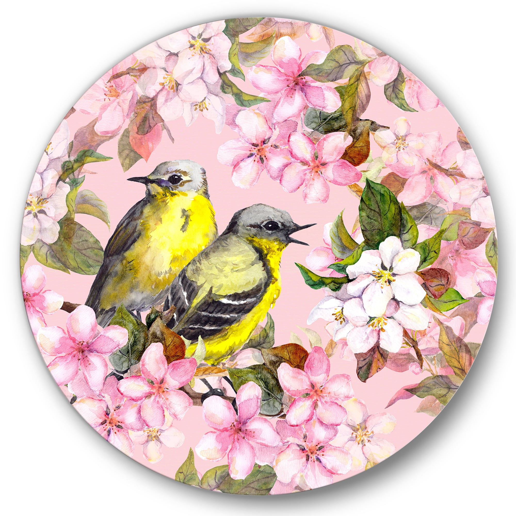 Designart 'Birds On Pink Cherry Sakura and Apple Flowers I' Traditional Circle Metal Wall Art 36x36 - Disc of 36