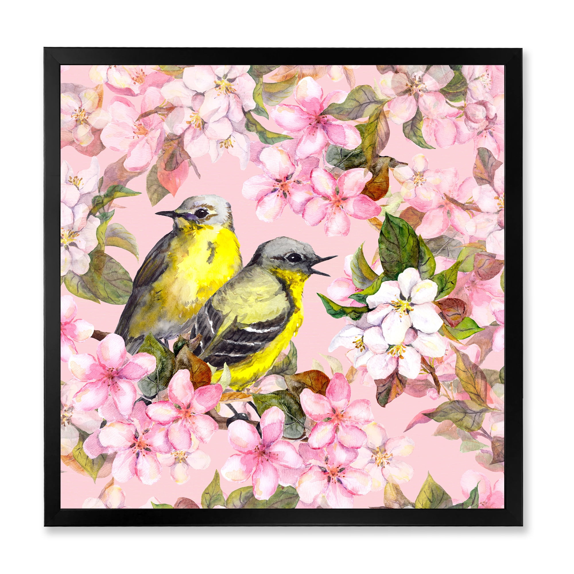 Designart 'Birds On Pink Cherry Sakura and Apple Flowers I' Traditional Framed Art Print
