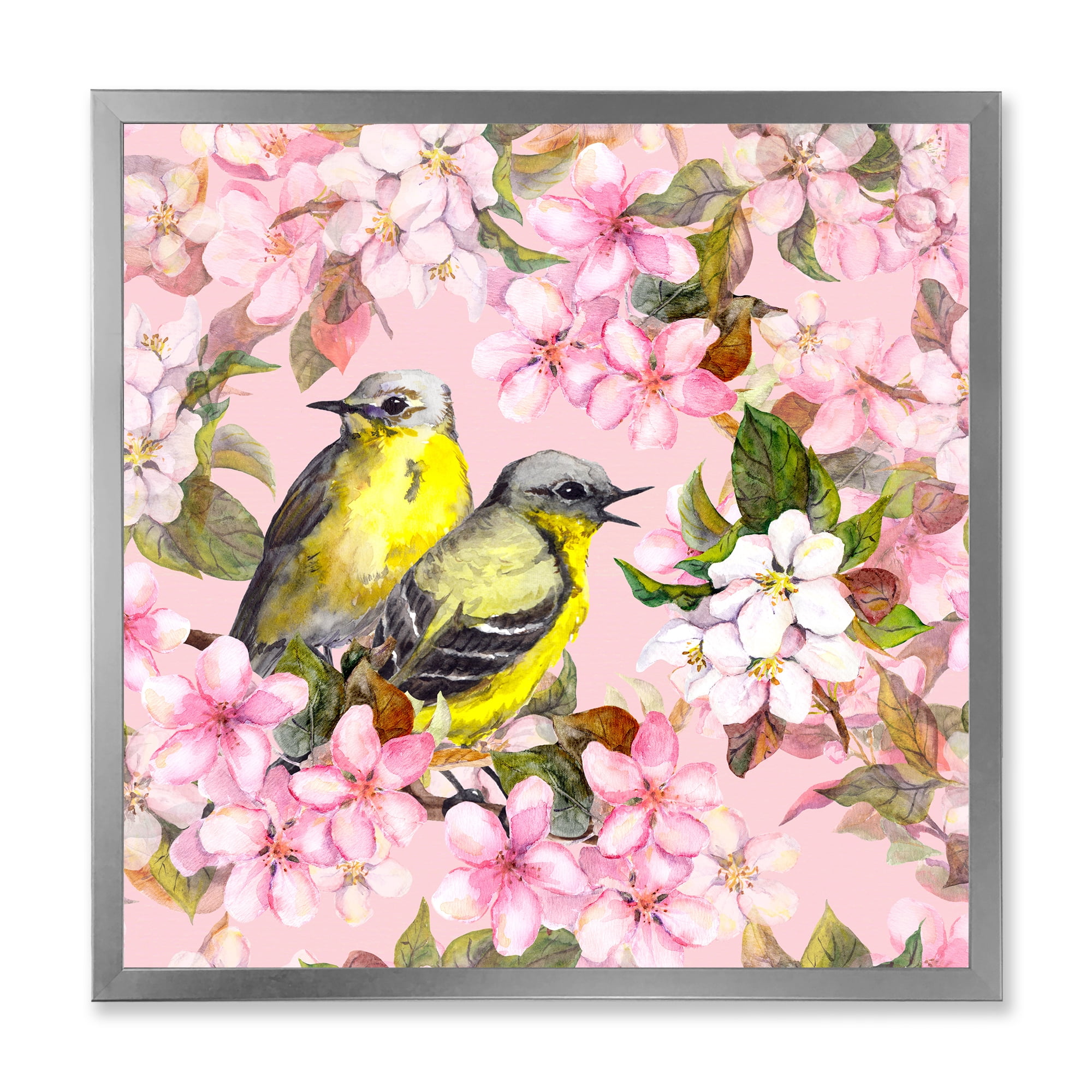 Designart 'Birds On Pink Cherry Sakura and Apple Flowers I' Traditional Framed Art Print