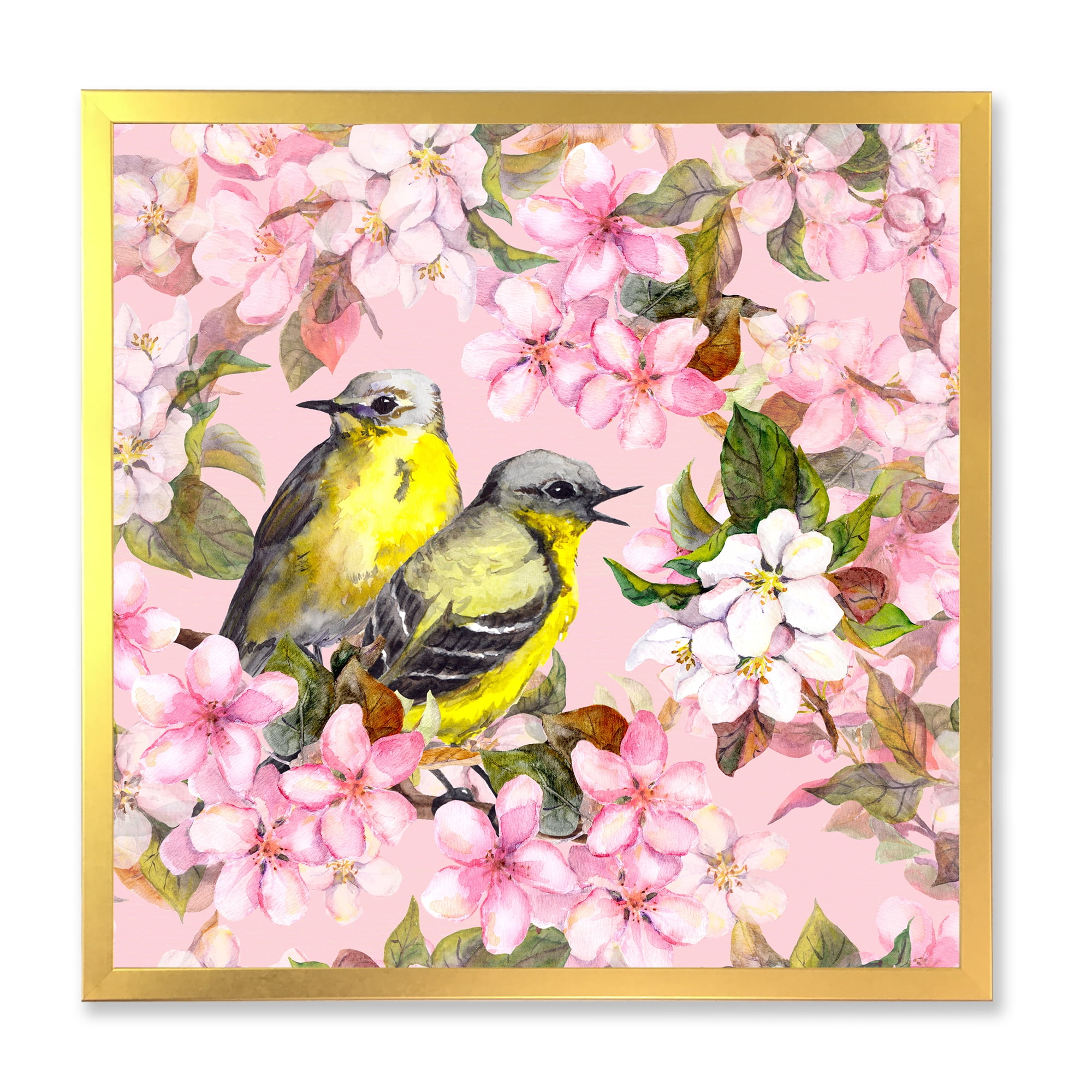 Designart 'Birds On Pink Cherry Sakura and Apple Flowers I' Traditional Framed Art Print