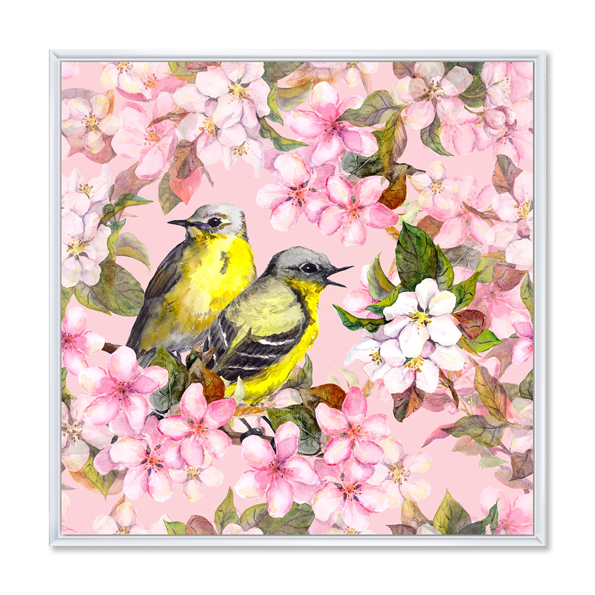 Designart 'Birds On Pink Cherry Sakura and Apple Flowers I' Traditional Framed Canvas Wall Art Print