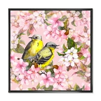 Designart 'Birds On Pink Cherry Sakura and Apple Flowers I' Traditional Framed Canvas Wall Art Print