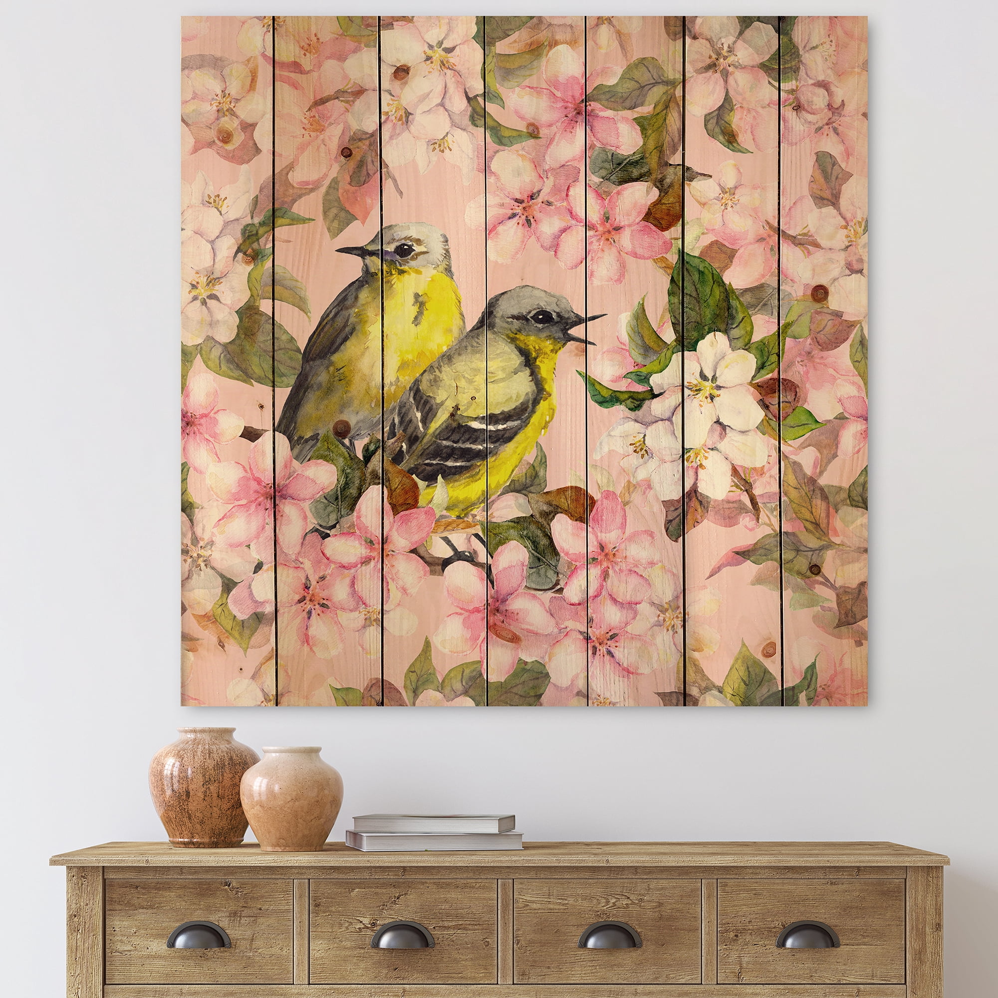 Designart 'Birds On Pink Cherry Sakura and Apple Flowers I' Traditional Print on Natural Pine Wood