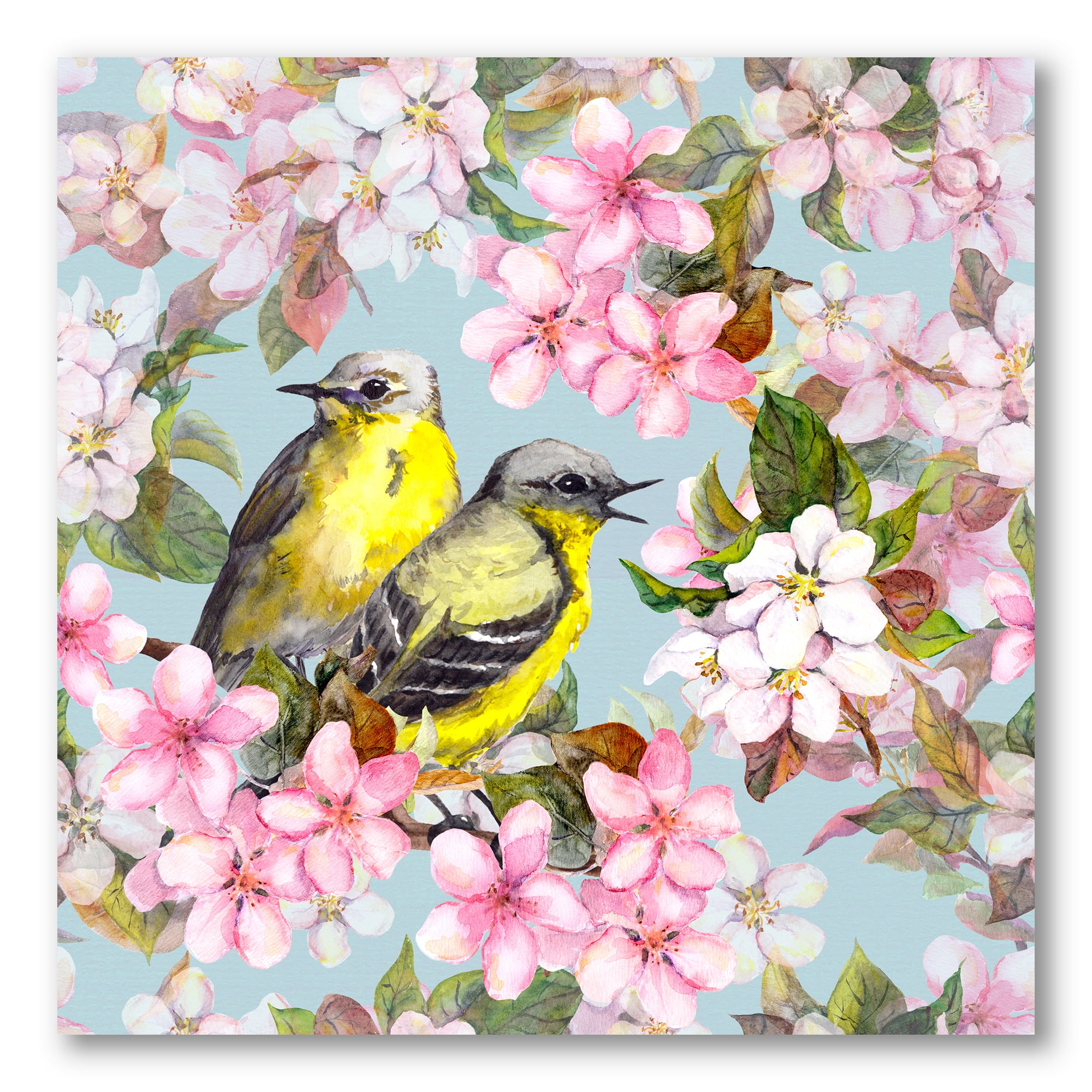 Designart ' Birds On Pink Cherry Sakura and Apple Flowers II ' Traditional Canvas Wall Art Print