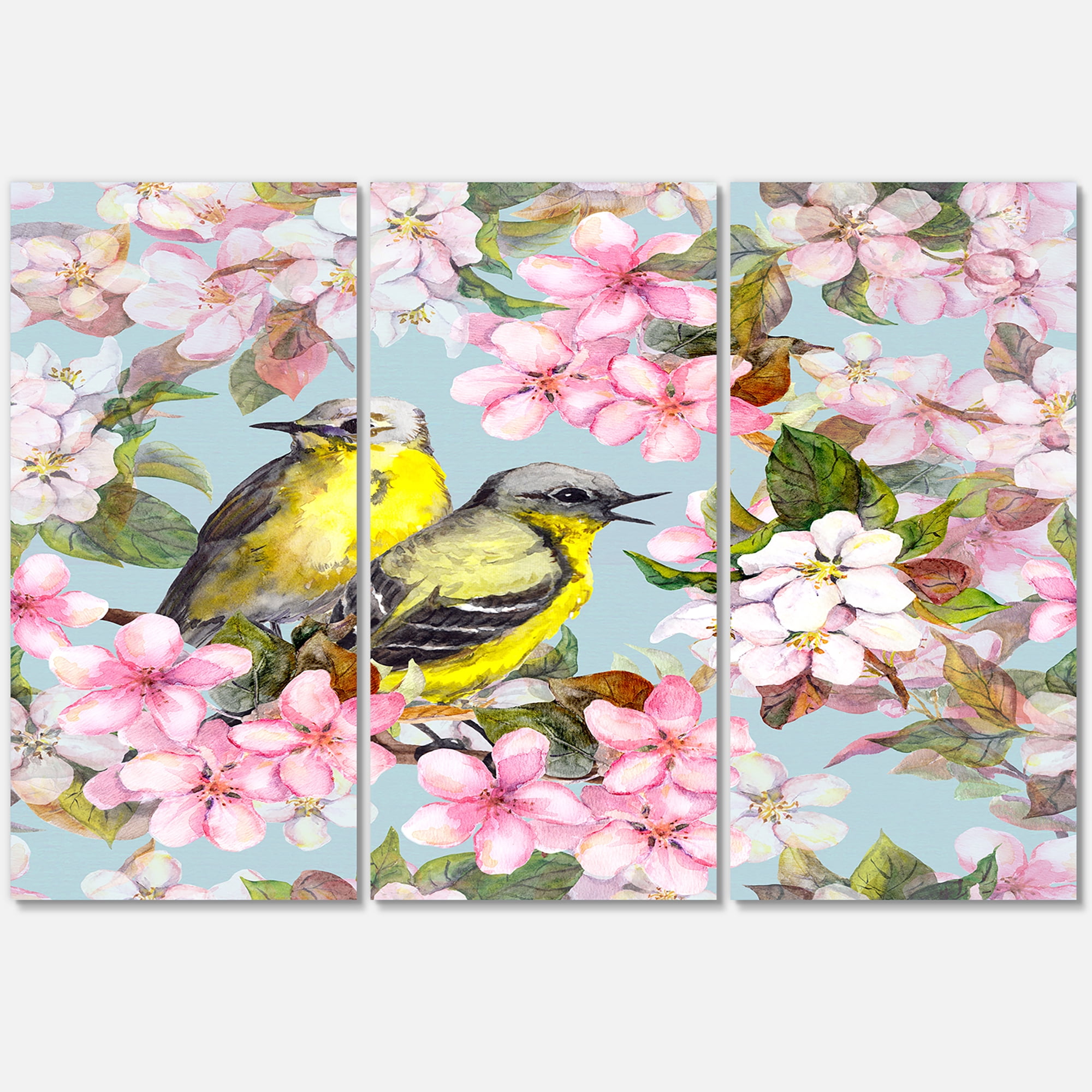 Designart ' Birds On Pink Cherry Sakura and Apple Flowers II ' Traditional Canvas Wall Art Print