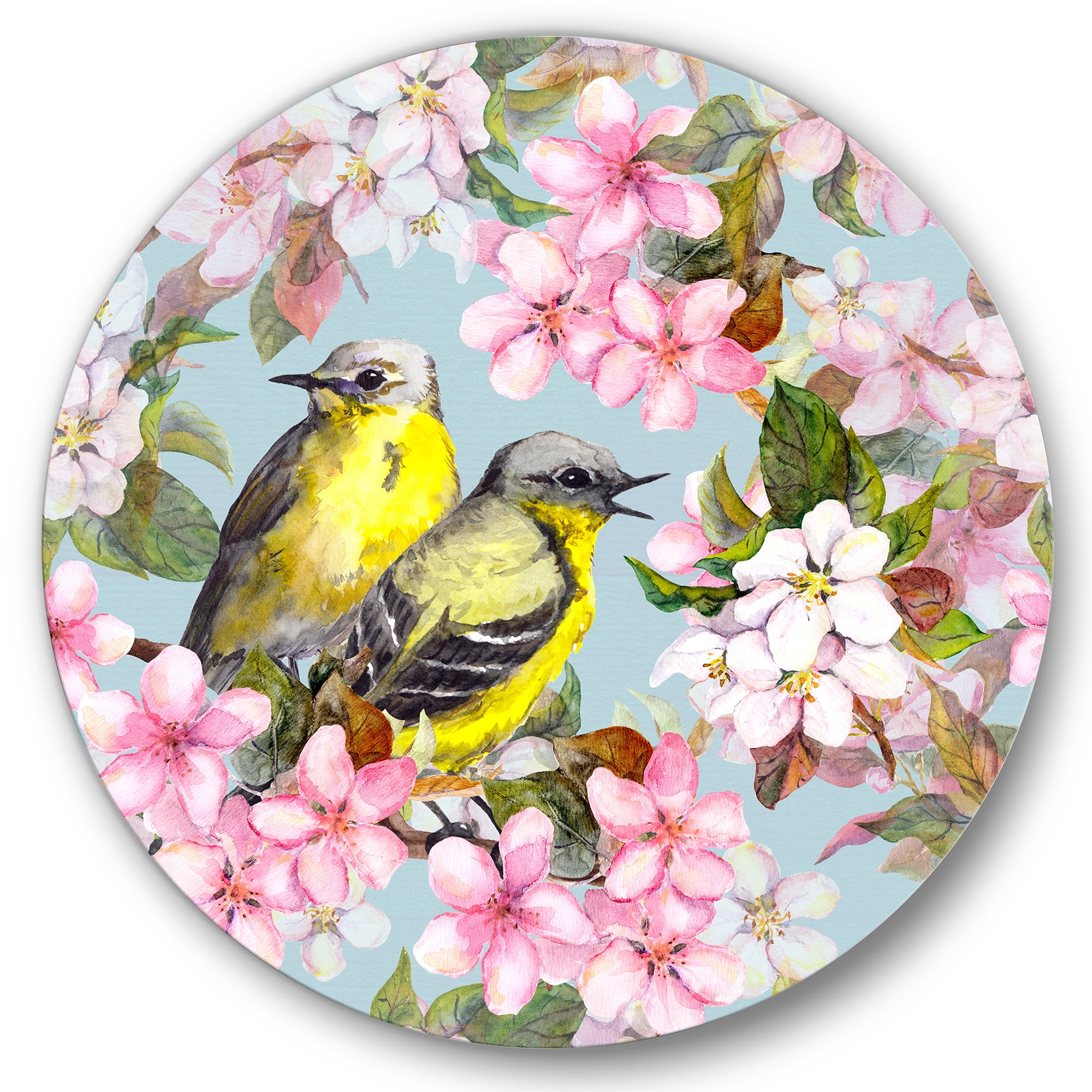 Designart 'Birds On Pink Cherry Sakura and Apple Flowers II' Traditional Circle Metal Wall Art 11x11 - Disc of 11