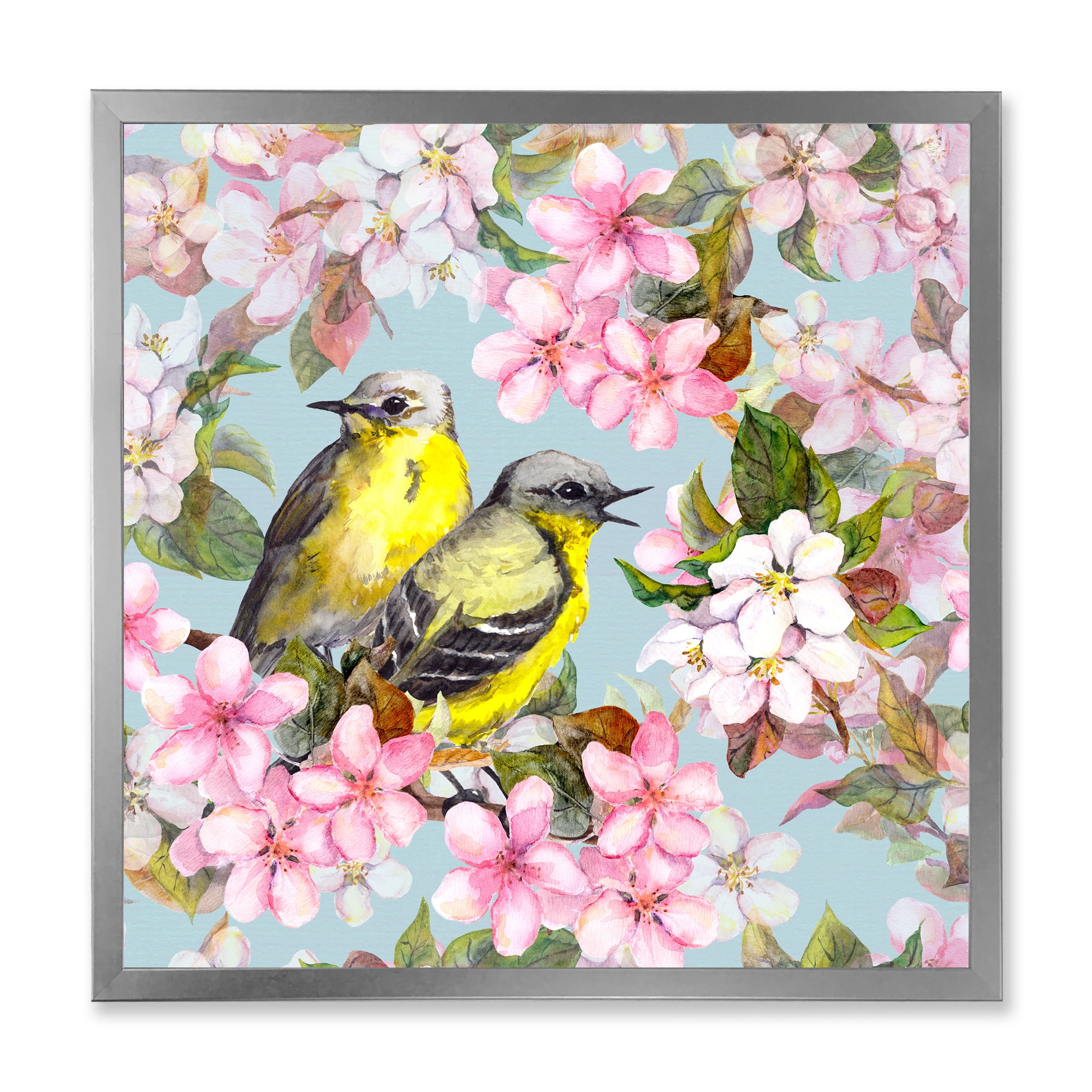 Designart 'Birds On Pink Cherry Sakura and Apple Flowers II' Traditional Framed Art Print
