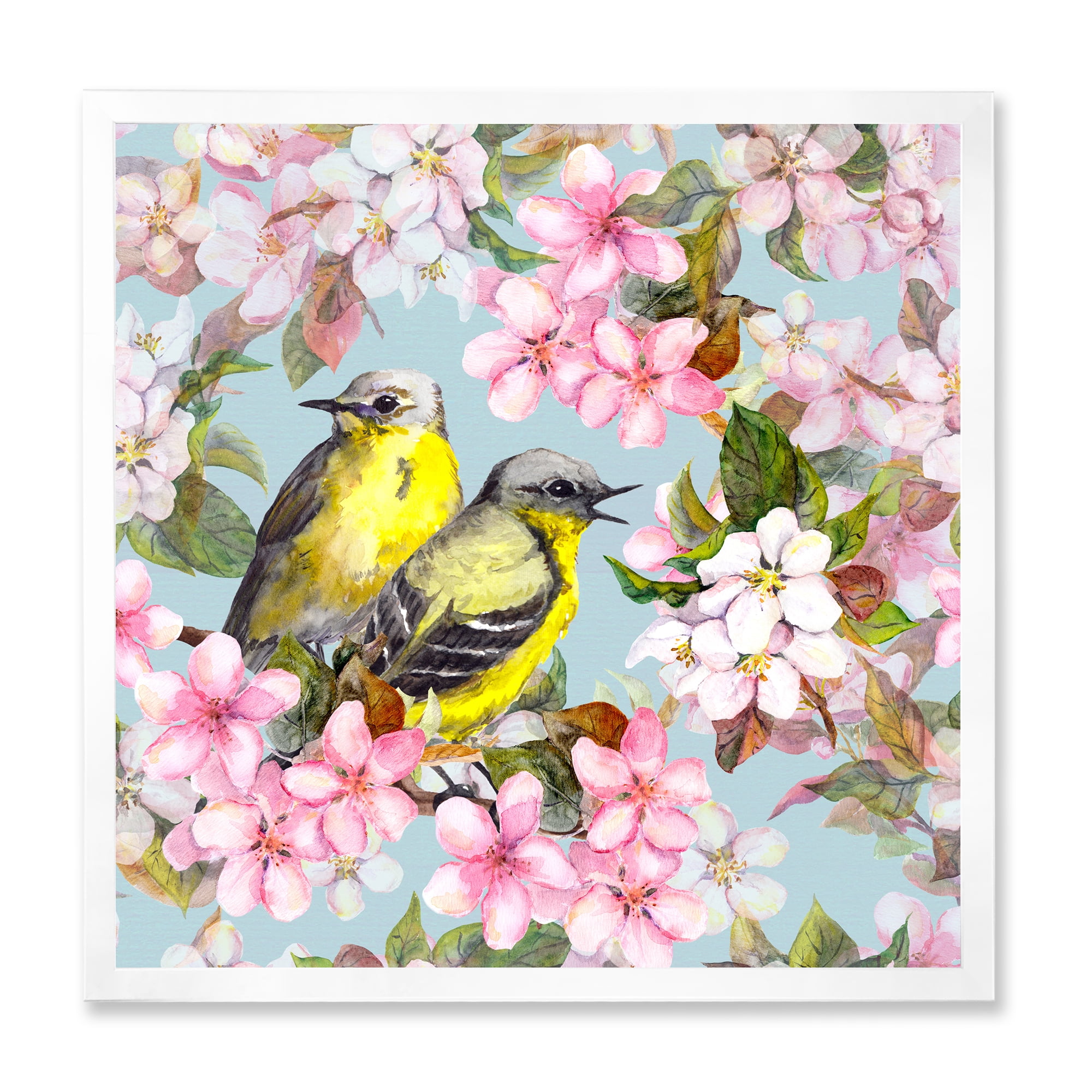 Designart 'Birds On Pink Cherry Sakura and Apple Flowers II' Traditional Framed Art Print