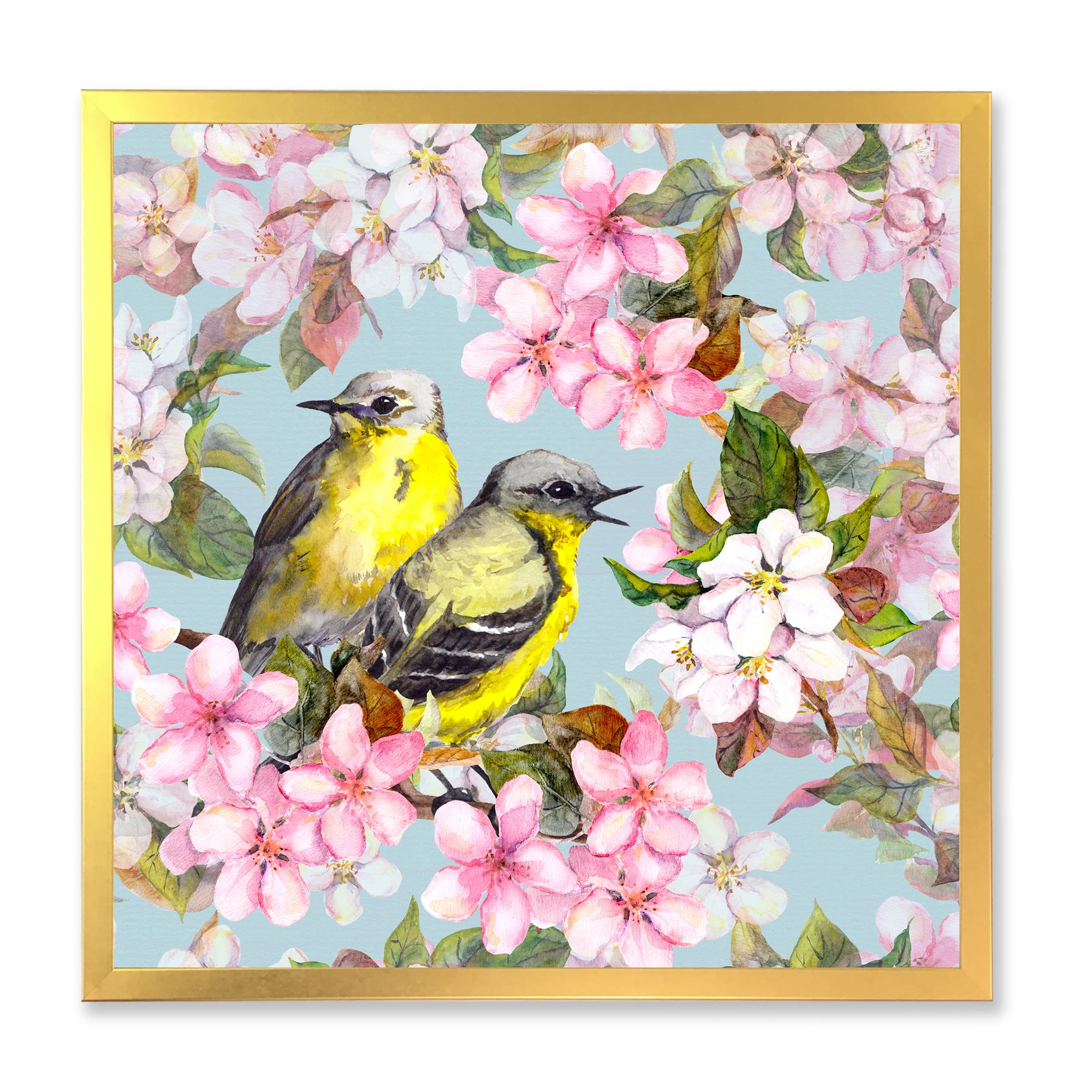 Designart 'Birds On Pink Cherry Sakura and Apple Flowers II' Traditional Framed Art Print