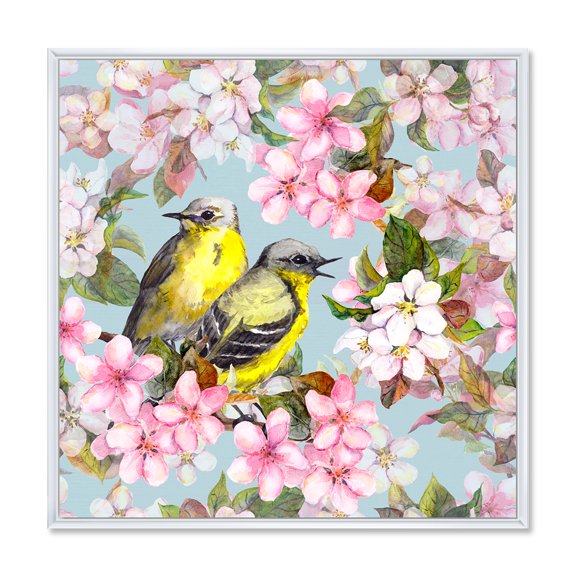 Designart 'Birds On Pink Cherry Sakura and Apple Flowers II' Traditional Framed Canvas Wall Art Print