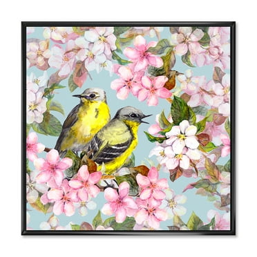 Designart 'Birds On Pink Cherry Sakura and Apple Flowers II' Traditional Framed Canvas Wall Art Print