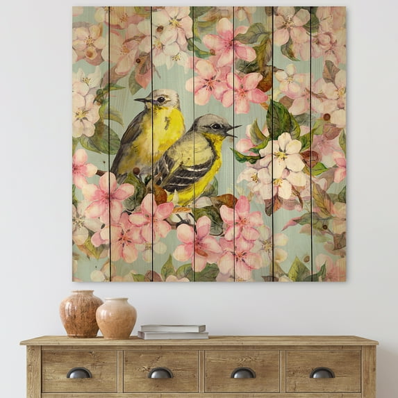 Designart 'Birds On Pink Cherry Sakura and Apple Flowers II' Traditional Print on Natural Pine Wood