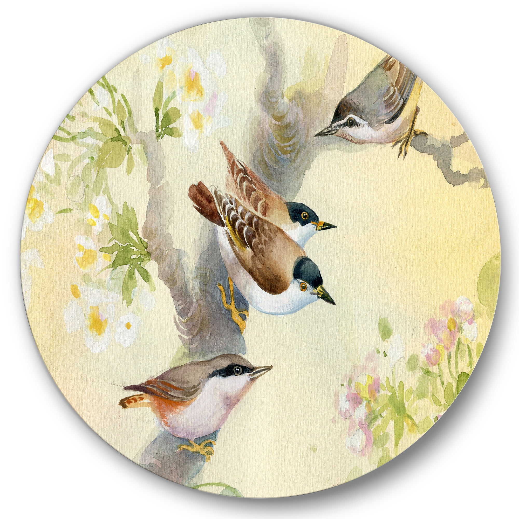 Designart 'Birds Sitting On A Blossoming Apple Tree' Traditional Circle Metal Wall Art 29x29 - Disc of 29
