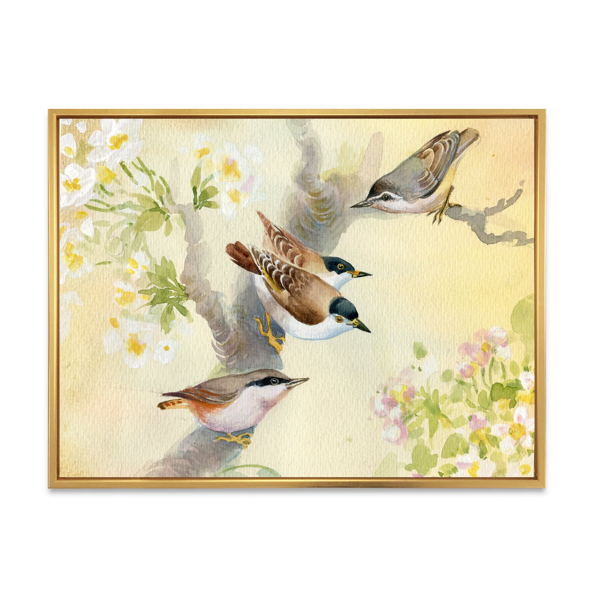 Designart 'Birds Sitting On A Blossoming Apple Tree' Traditional Framed Canvas Wall Art Print