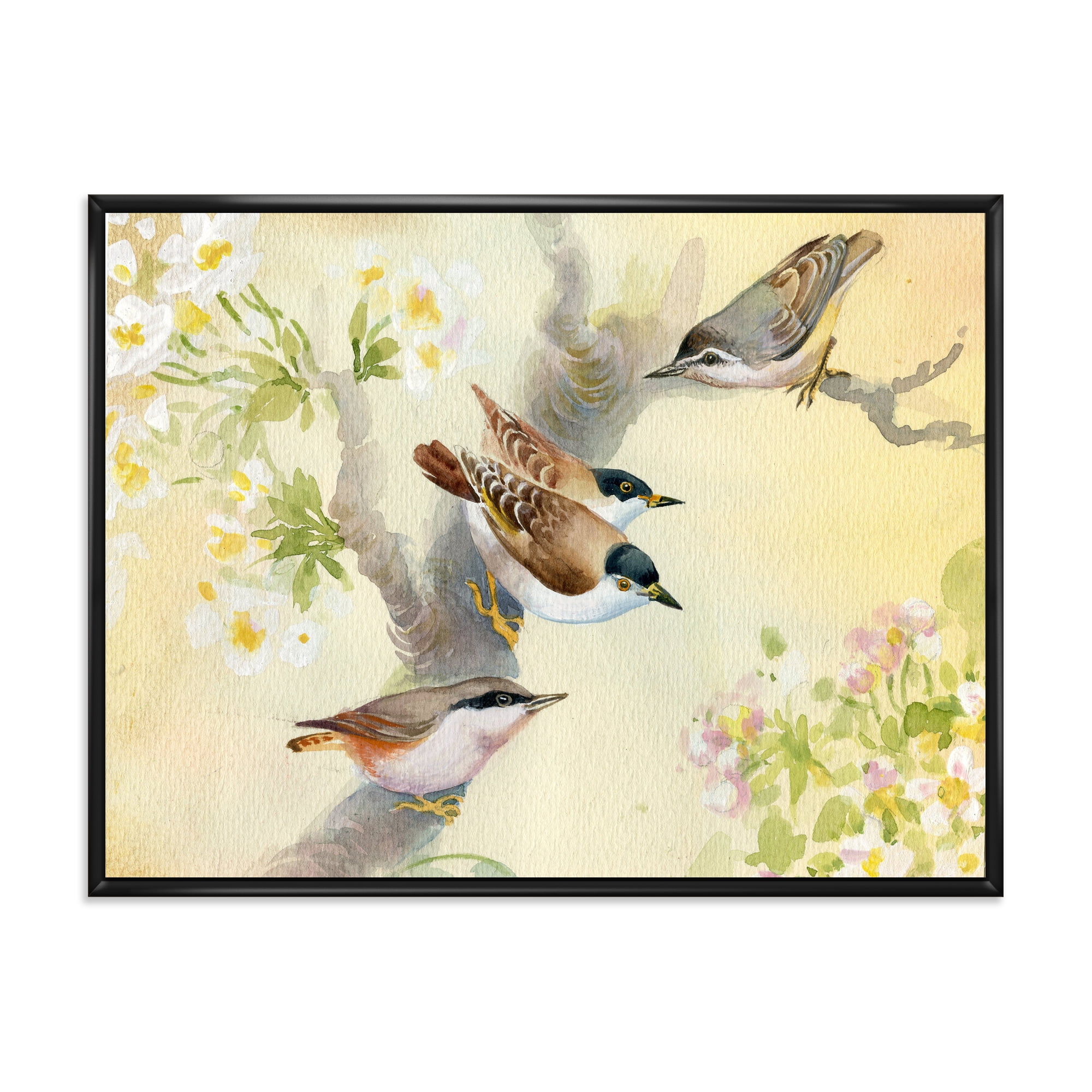 Designart 'Birds Sitting On A Blossoming Apple Tree' Traditional Framed Canvas Wall Art Print