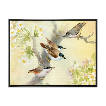Designart 'Birds Sitting On A Blossoming Apple Tree' Traditional Framed Canvas Wall Art Print
