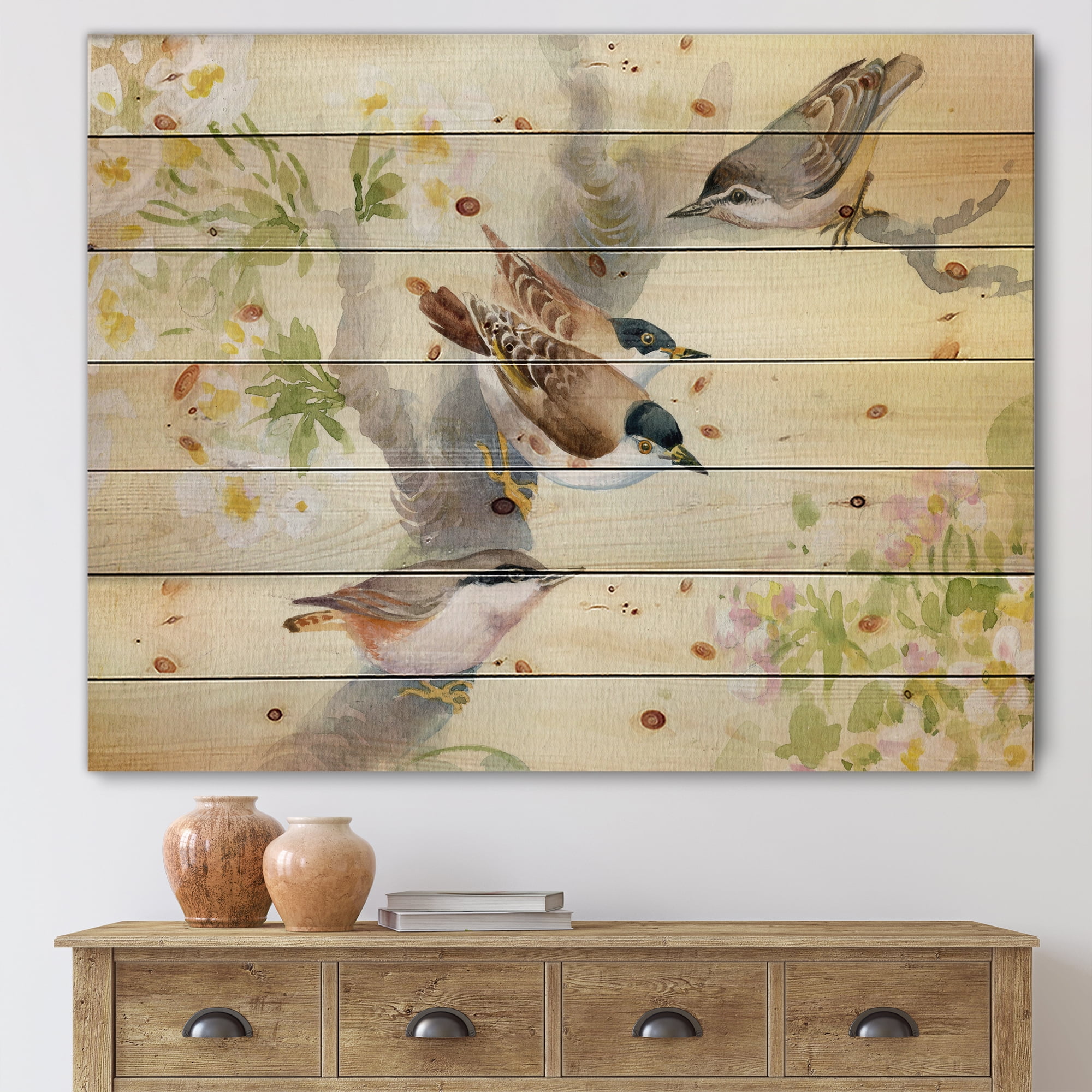 Designart 'Birds Sitting On A Blossoming Apple Tree' Traditional Print on Natural Pine Wood