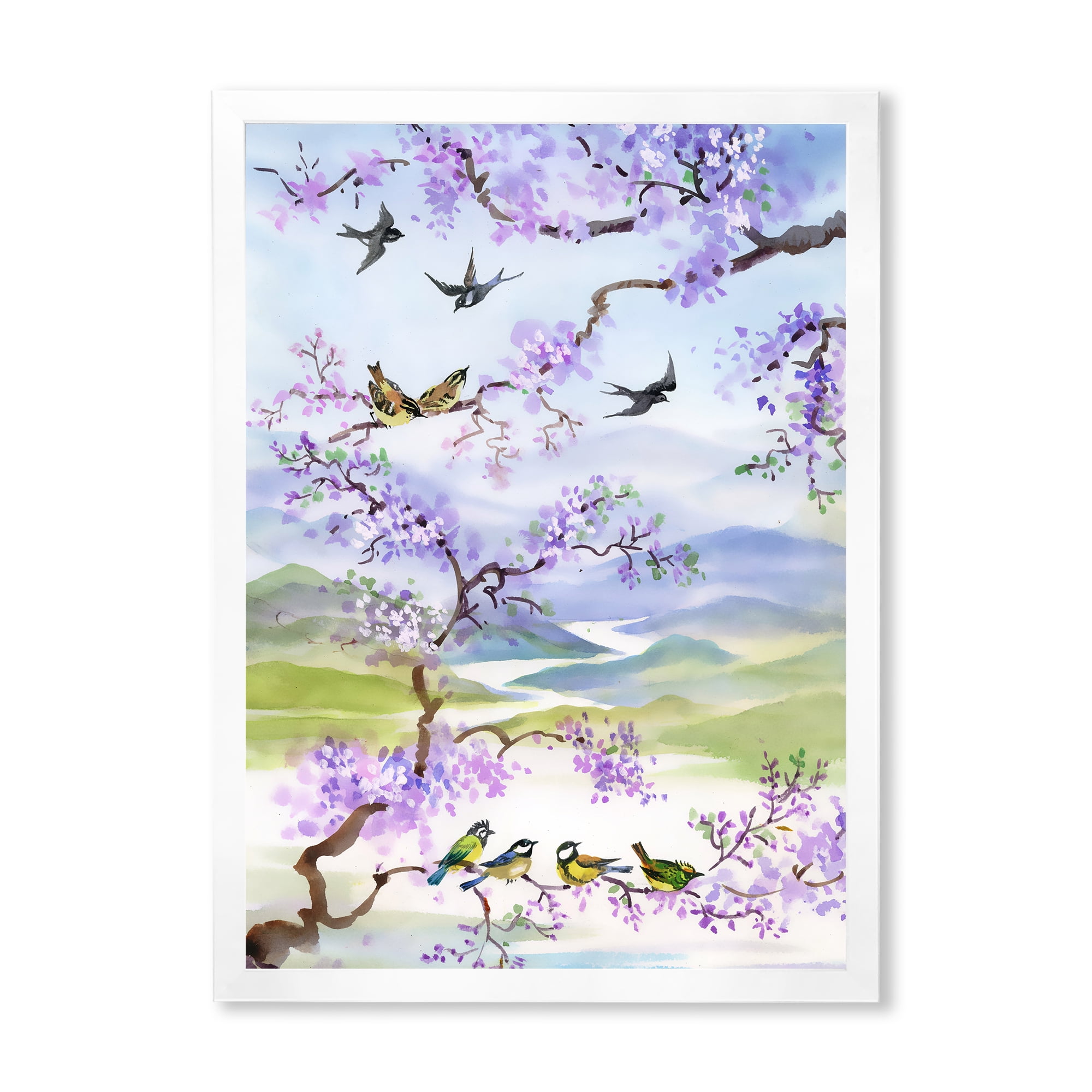Designart 'Birds Sitting On Cherry Branch' Traditional Framed Art Print