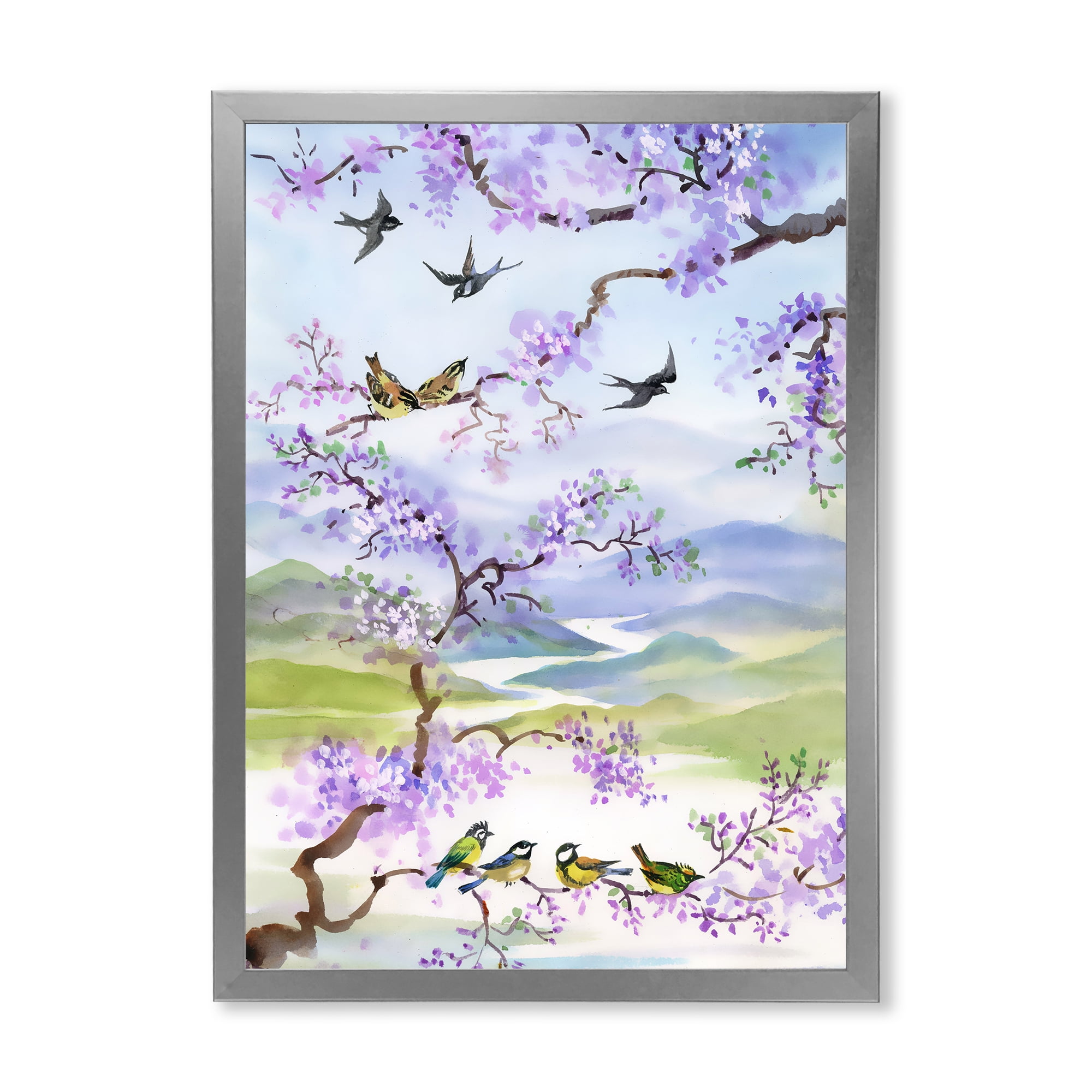 Designart 'Birds Sitting On Cherry Branch' Traditional Framed Art Print