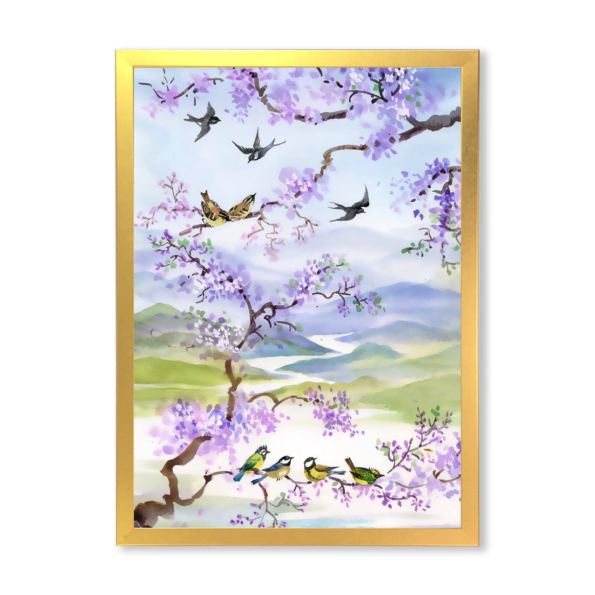 Designart 'Birds Sitting On Cherry Branch' Traditional Framed Art Print