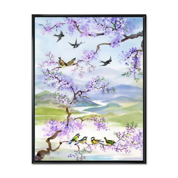 Designart 'Birds Sitting On Cherry Branch' Traditional Framed Canvas Wall Art Print