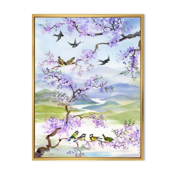 Designart 'Birds Sitting On Cherry Branch' Traditional Framed Canvas Wall Art Print