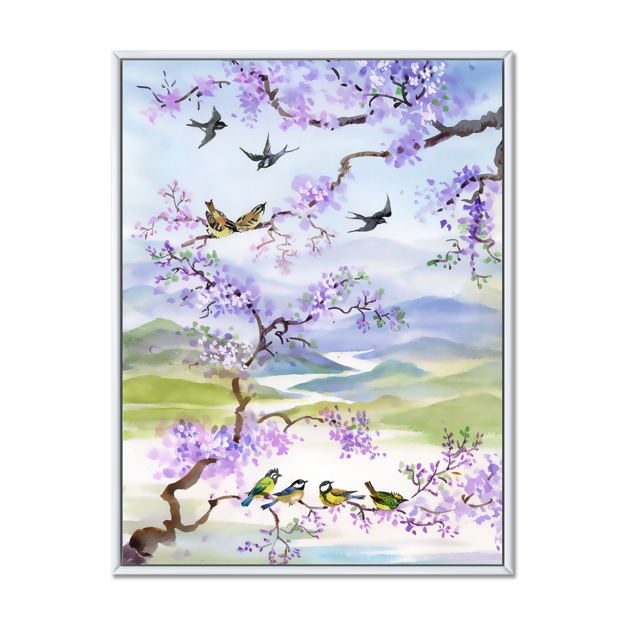 Designart 'Birds Sitting On Cherry Branch' Traditional Framed Canvas Wall Art Print