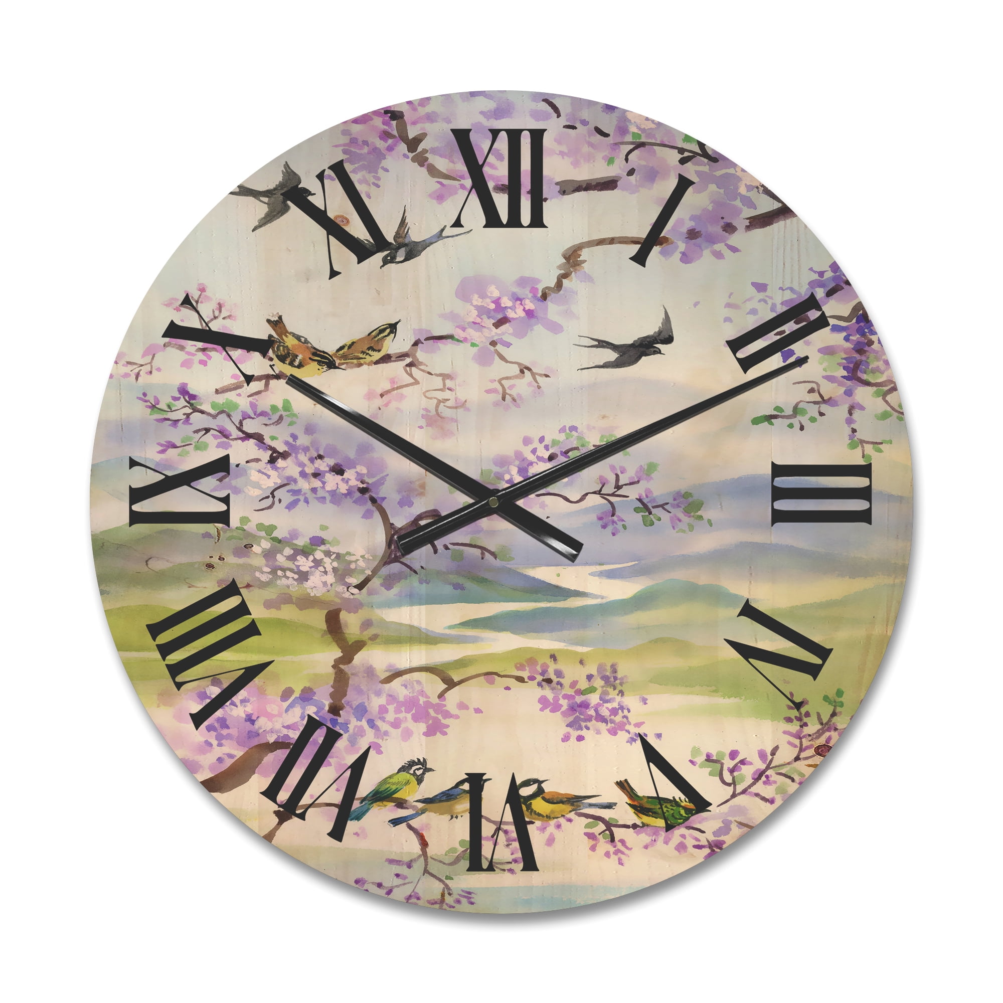 Designart 'Birds Sitting On Cherry Branch' Traditional Wood Wall Clock