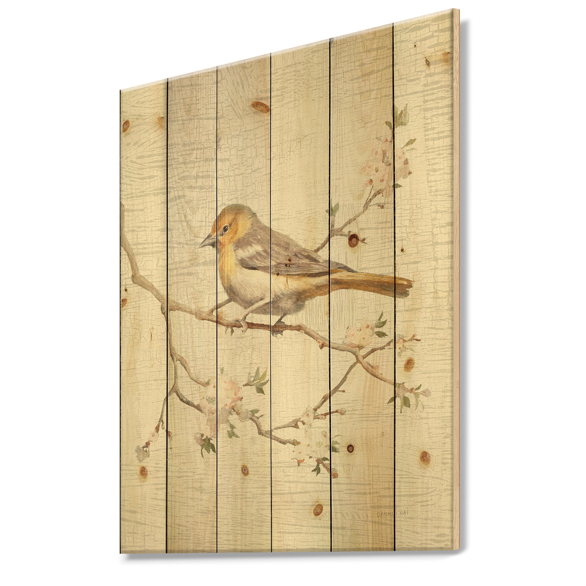 Designart 'Birds Sitting on Blossom Branch II' Farmhouse Print on Natural Pine Wood
