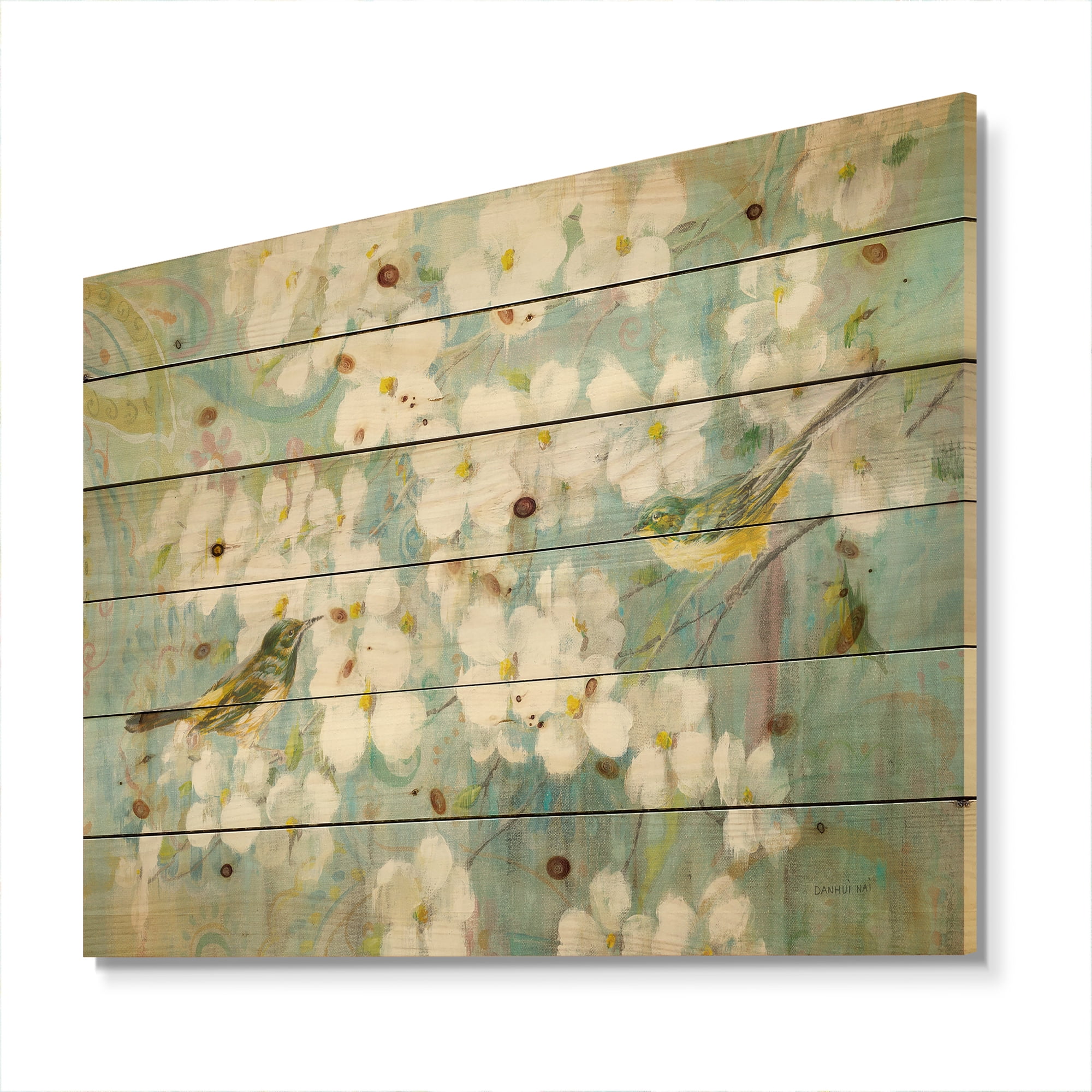Designart 'Birds Sitting on Blossom Branch' Traditional Print on Natural Pine Wood