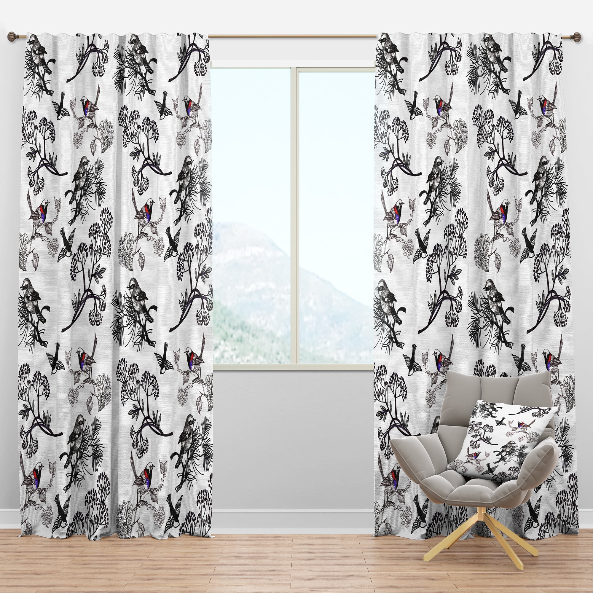 Designart 'Birds With Floral Pattern' Floral Blackout Curtain Panel