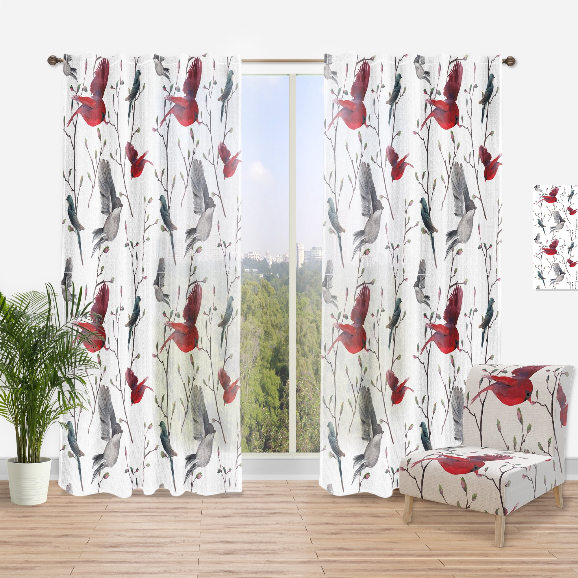 Designart 'Birds With Pattern' Farmhouse Curtain Panel