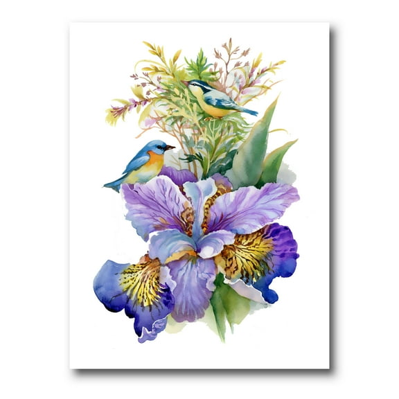Designart ' Birds With Purple Iris ' Traditional Canvas Wall Art Print
