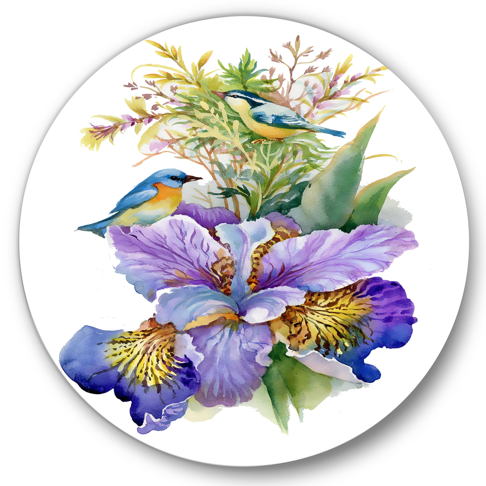 Designart 'Birds With Purple Iris' Traditional Circle Metal Wall Art 23x23 - Disc of 23