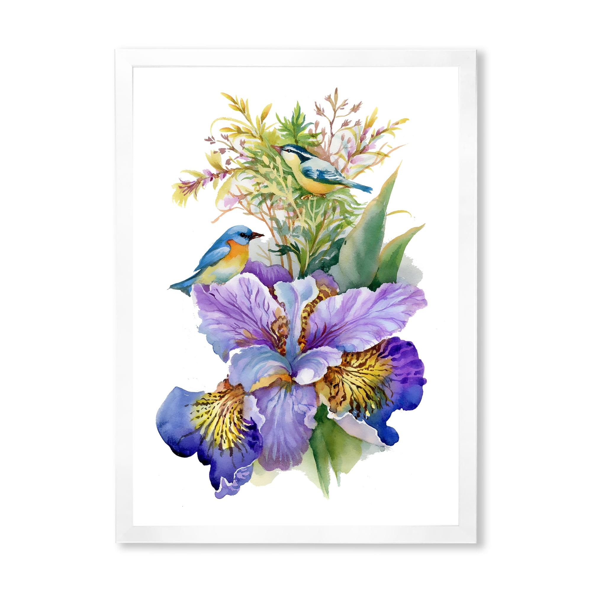 Designart 'Birds With Purple Iris' Traditional Framed Art Print