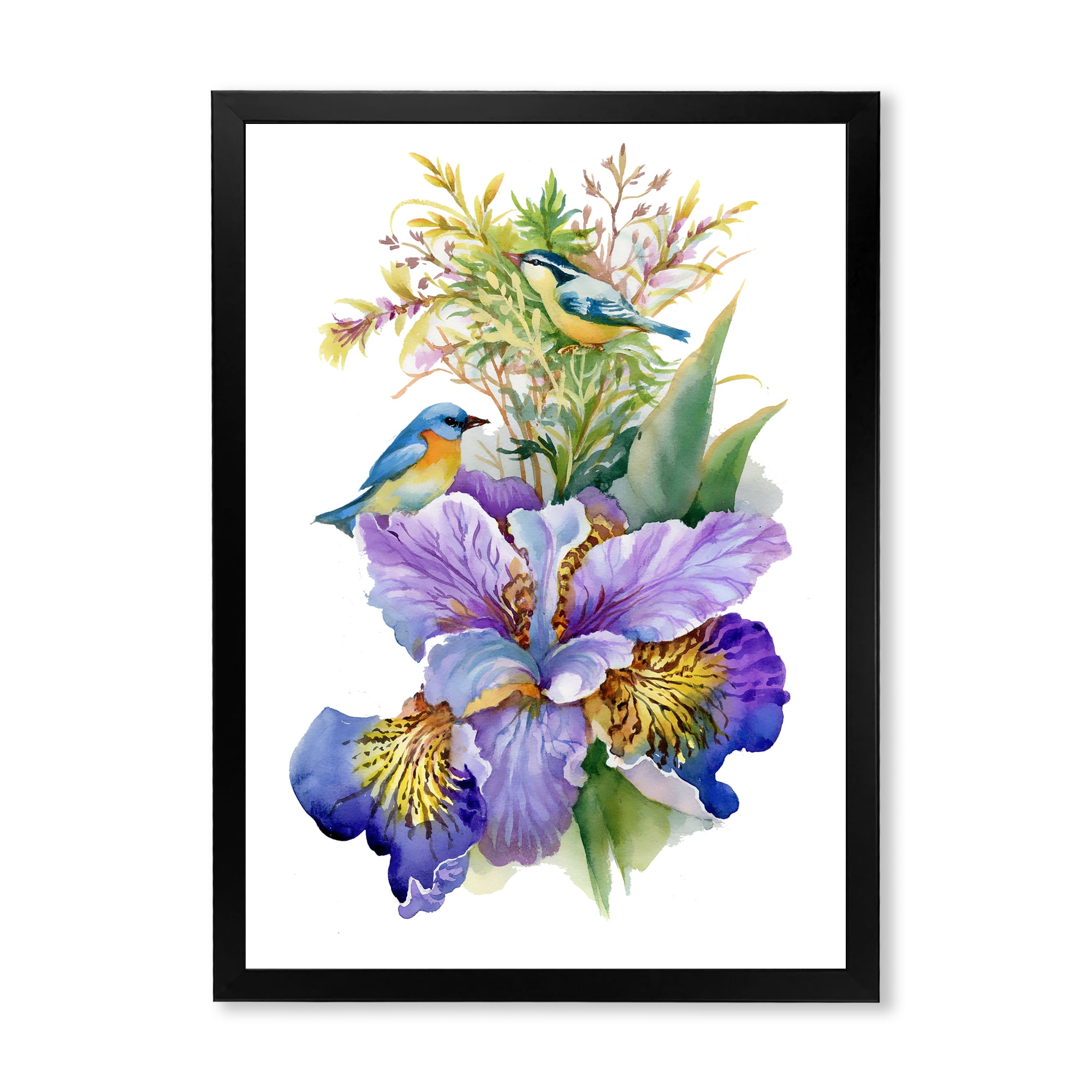Designart 'Birds With Purple Iris' Traditional Framed Art Print