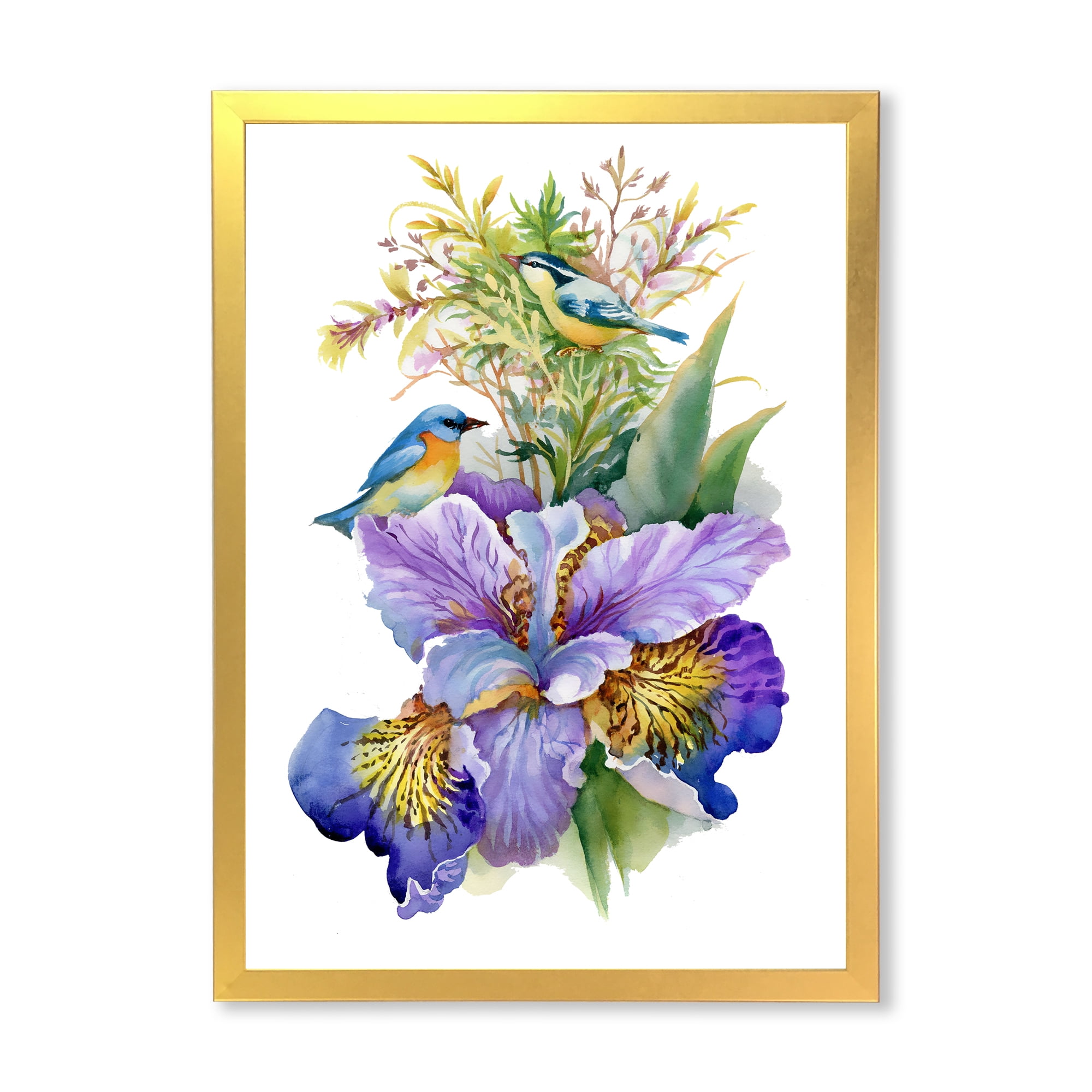Designart 'Birds With Purple Iris' Traditional Framed Art Print