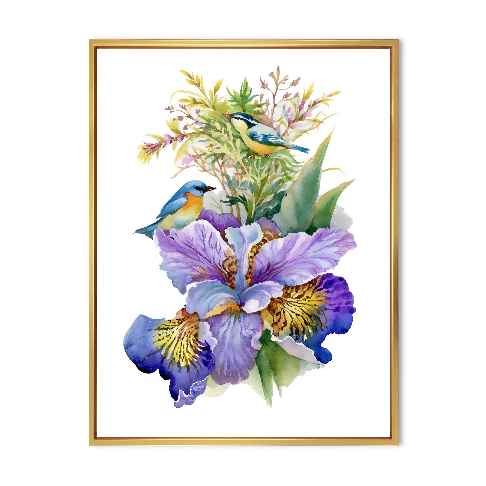 Designart 'Birds With Purple Iris' Traditional Framed Canvas Wall Art Print
