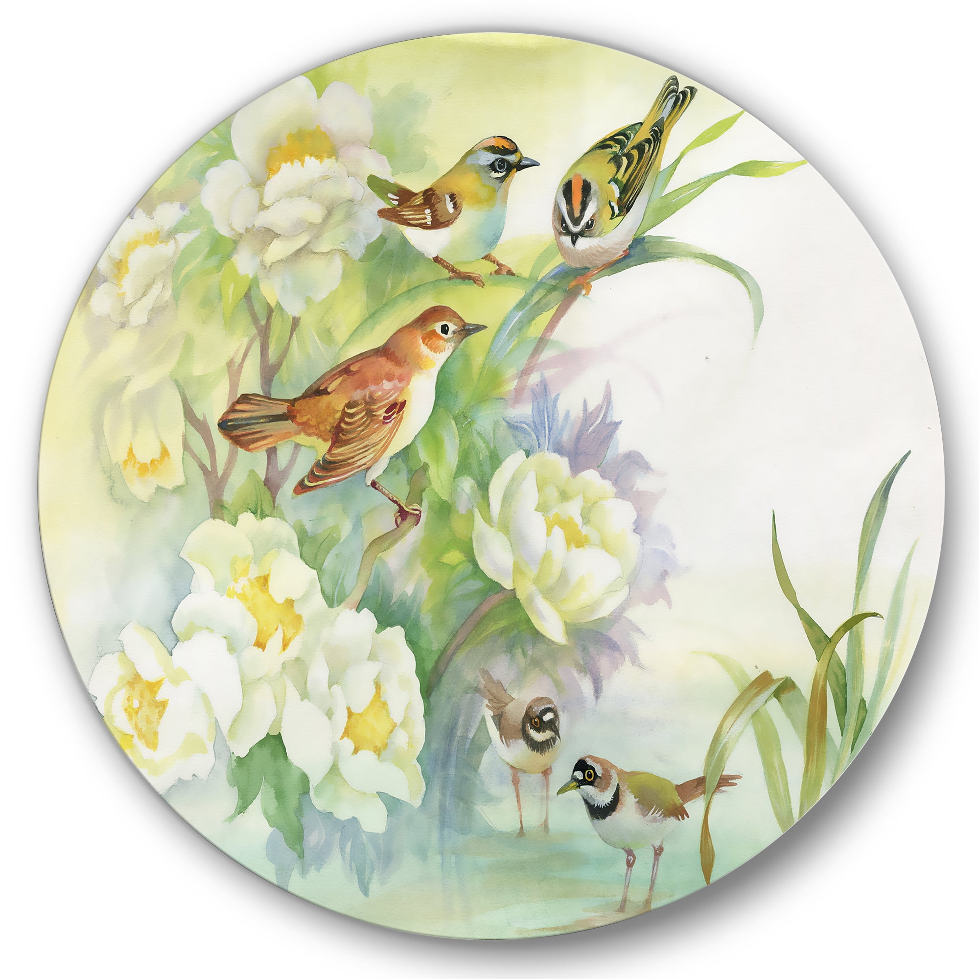 Designart 'Birds and Flowers In Rustic Scenery' Traditional Circle Metal Wall Art 11x11 - Disc of 11