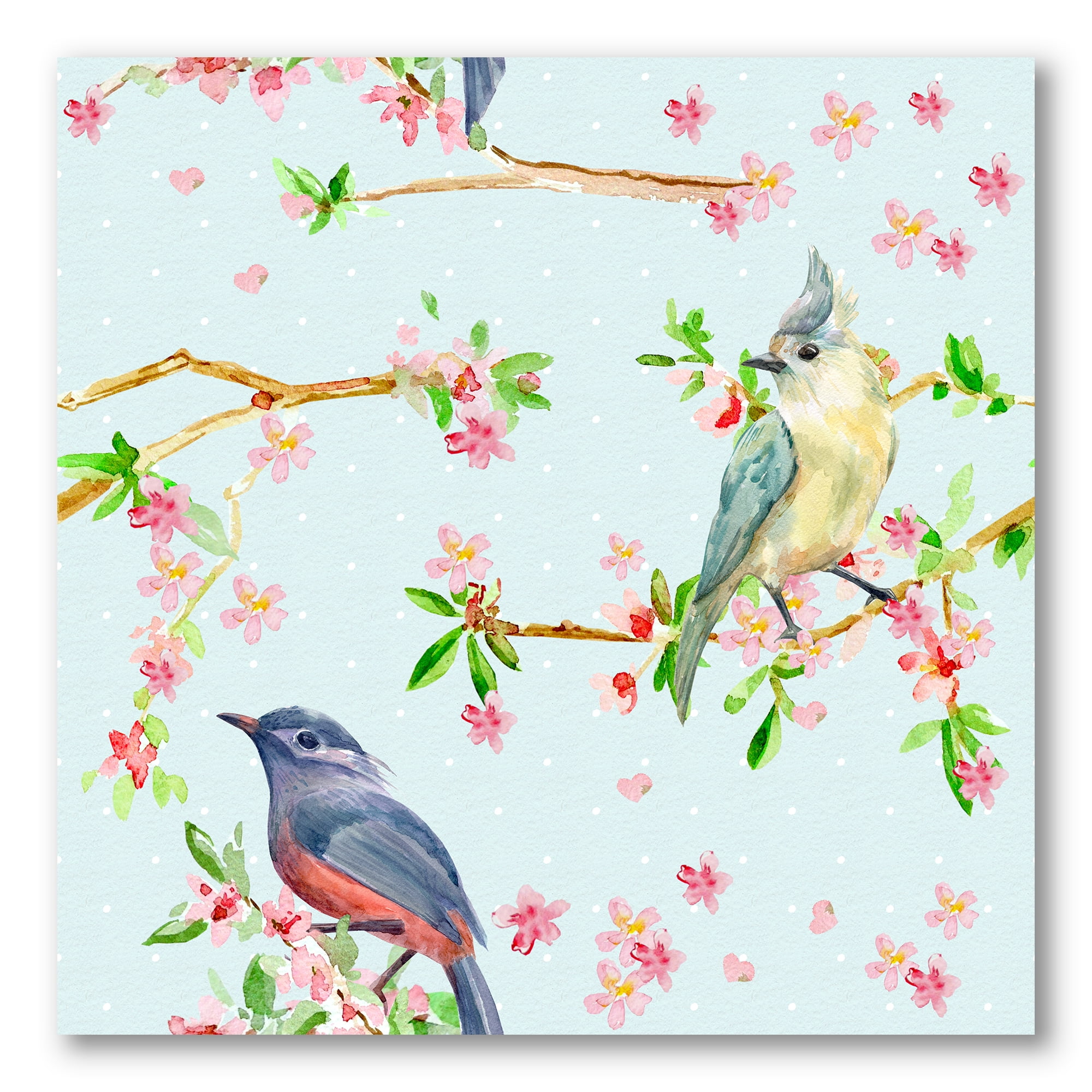 Designart ' Birds and Flowers Pattern In Blue ' Traditional Canvas Wall Art Print